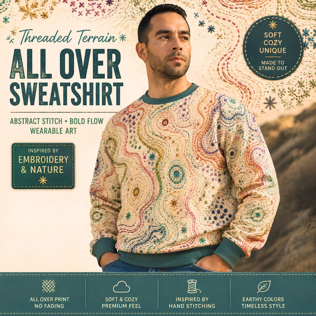Threaded Terrain Embroidered Style All Over Sweatshirt Abstract Topographic Stitch Pattern