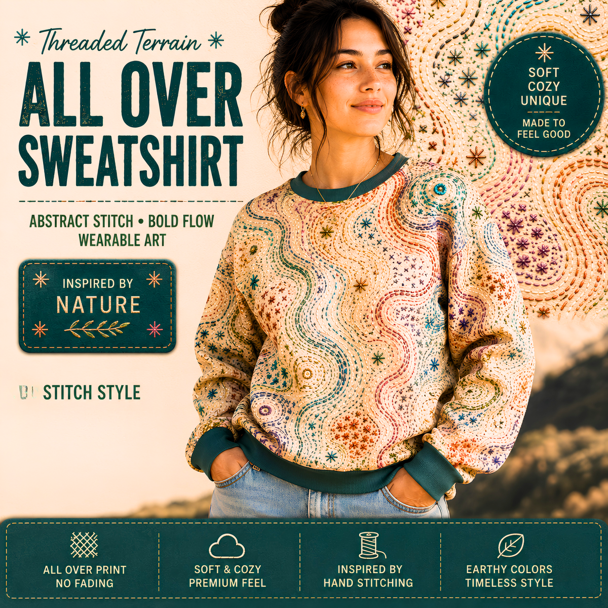 Threaded Terrain Embroidered Style All Over Sweatshirt | Abstract Topographic Stitch Pattern | Cozy Unisex Pullover