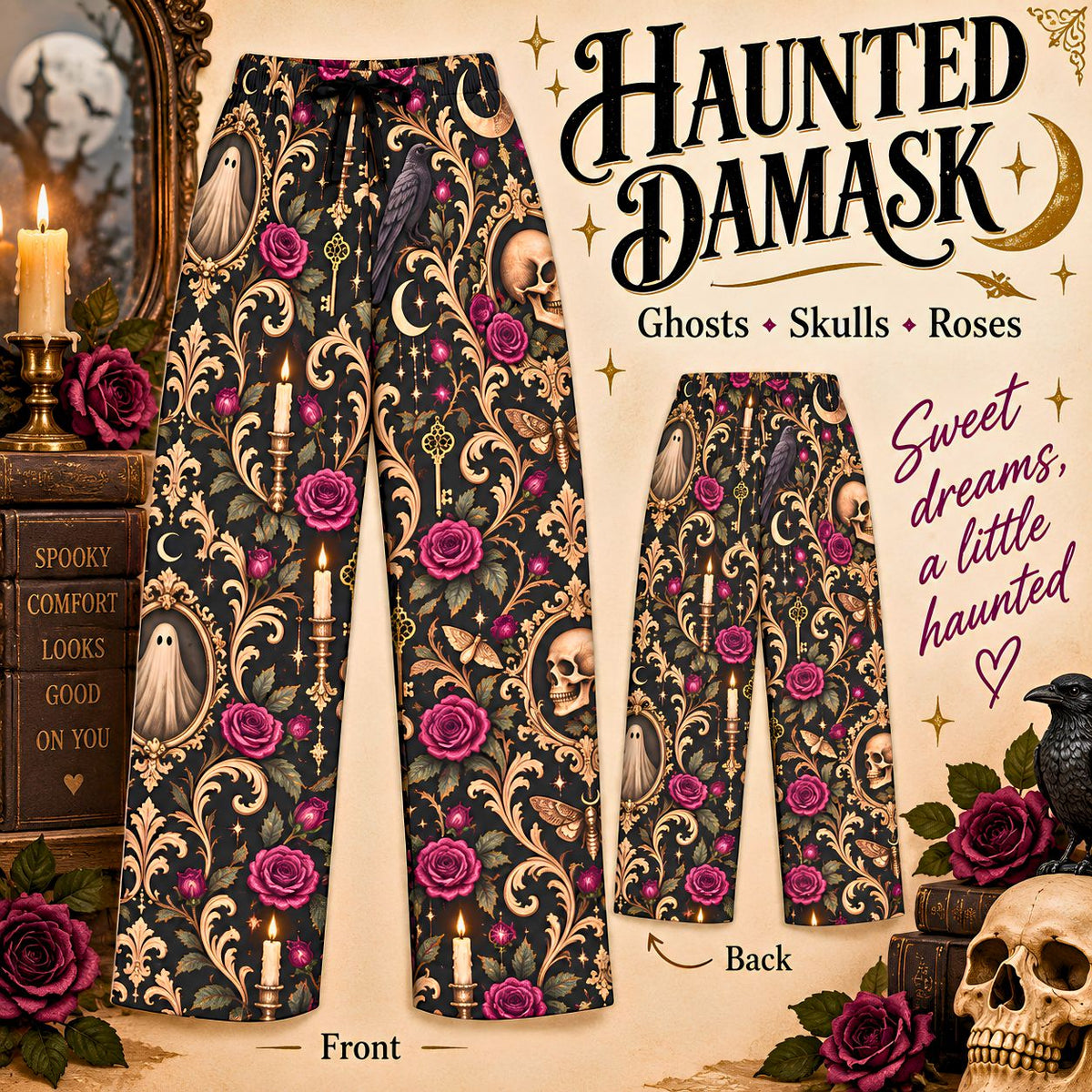 Haunted Damask Pajama Pants, Gothic Halloween Lounge Pants