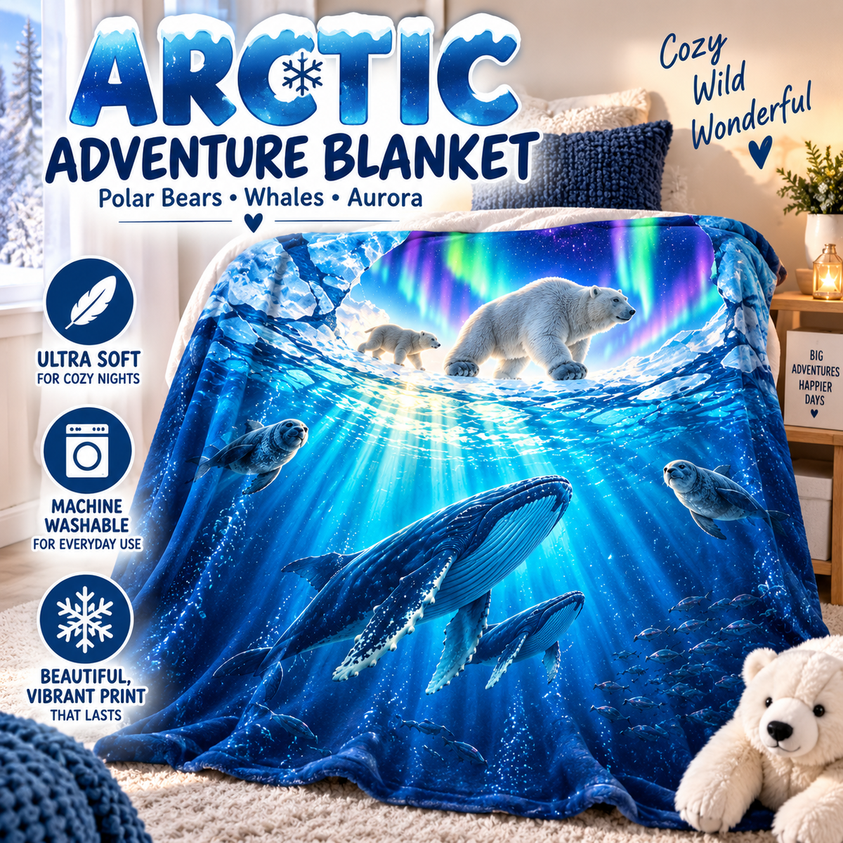 Arctic Adventure Blanket, Polar Bear Whale Blanket