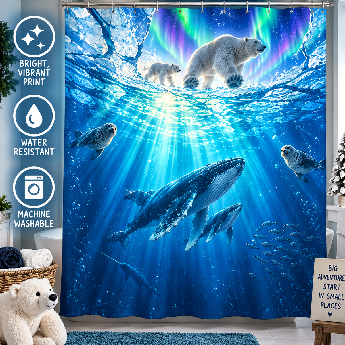 Arctic Adventure Blanket, Polar Bear Whale Blanket, Kids Ocean Throw, Aurora Borealis Blanket, Winter Animal Bedroom Decor, Gift for Kids