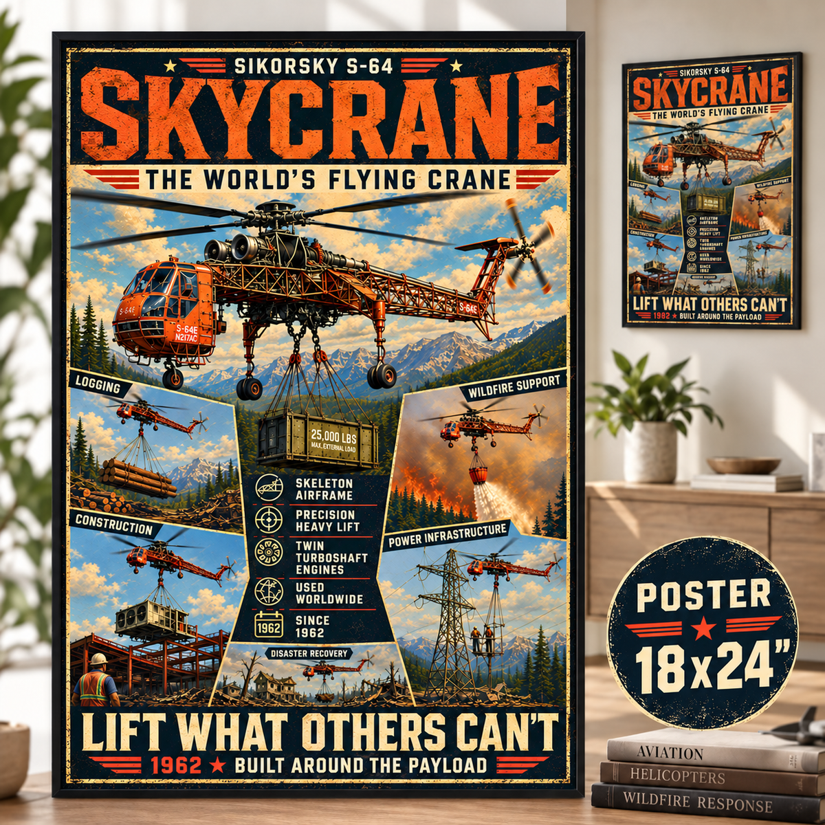 Skycrane Sikorsky S-64 Poster rolled poster Heavy Lift Helicopter Vintage Art