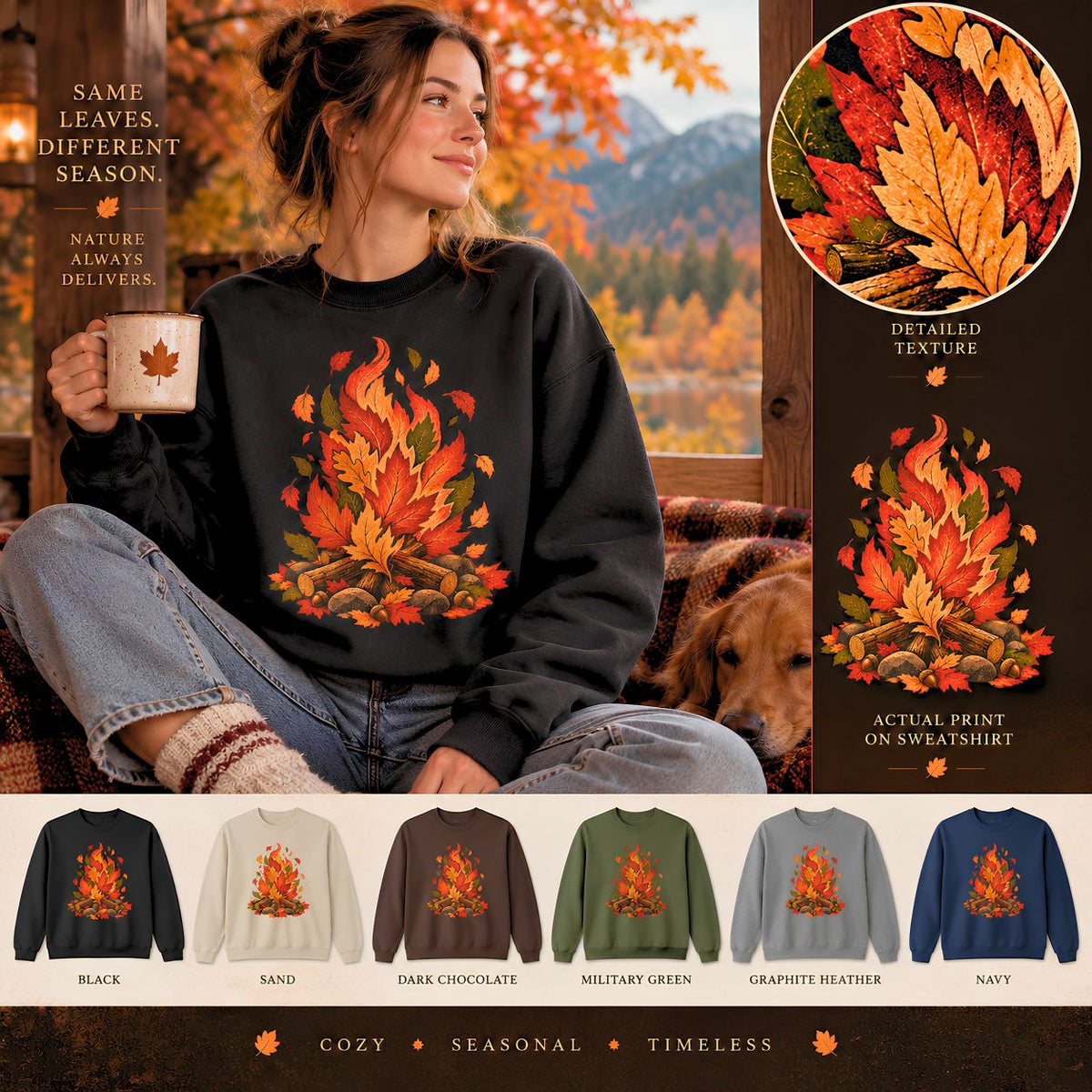 Autumn Leaf Bonfire Sweatshirt, Fall Leaves Campfire Crewneck
