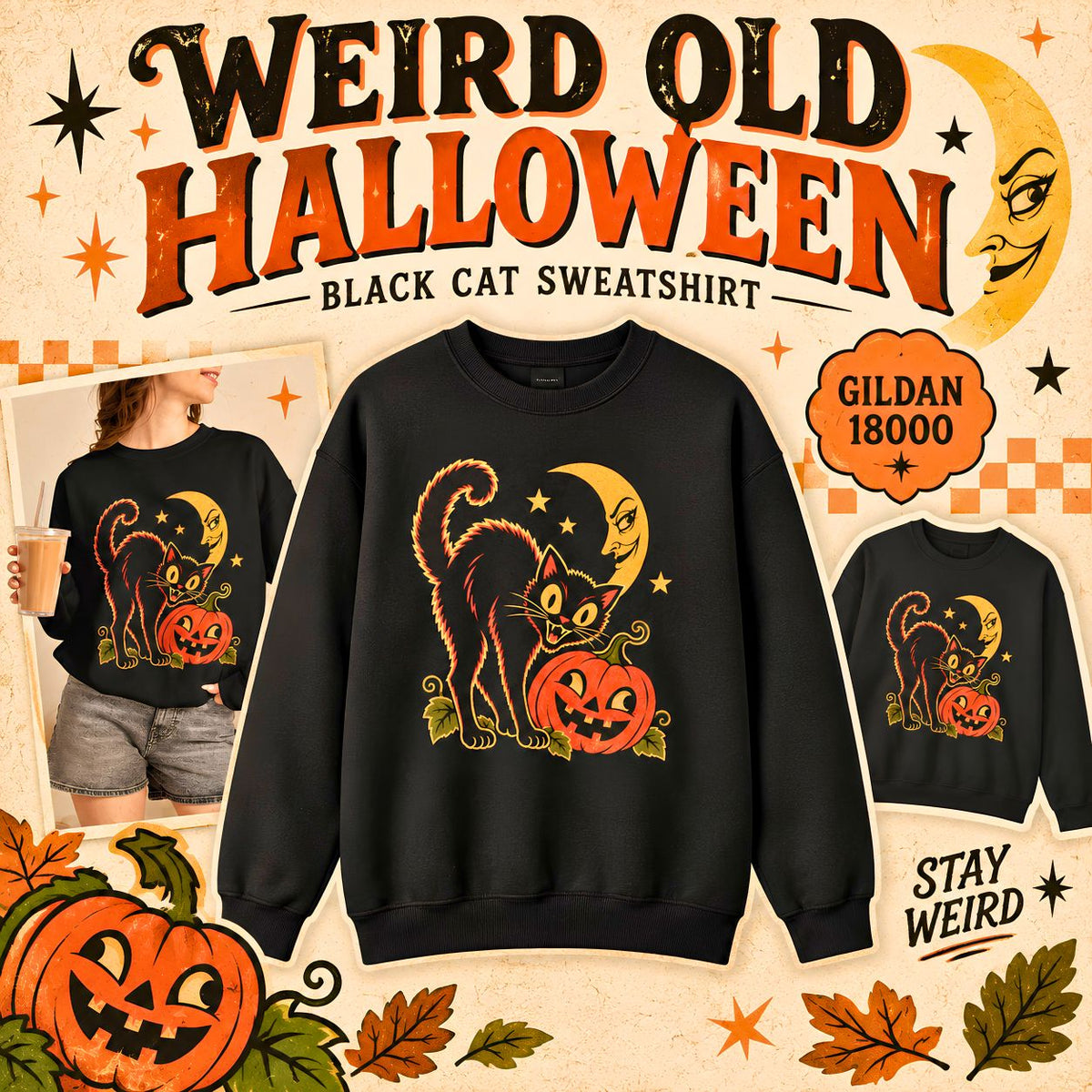 Vintage Halloween Black Cat Sweatshirt, Retro Pumpkin Moon Crewneck