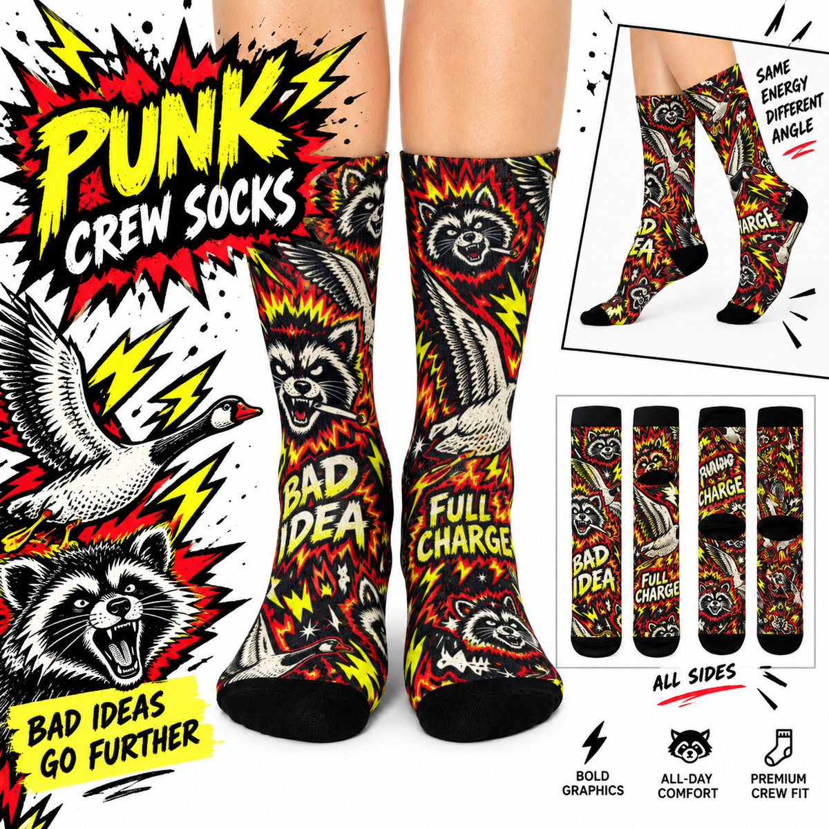 Crazy Goose & Raccoon Crew Socks, Full Charge Bad Idea Graphic Socks