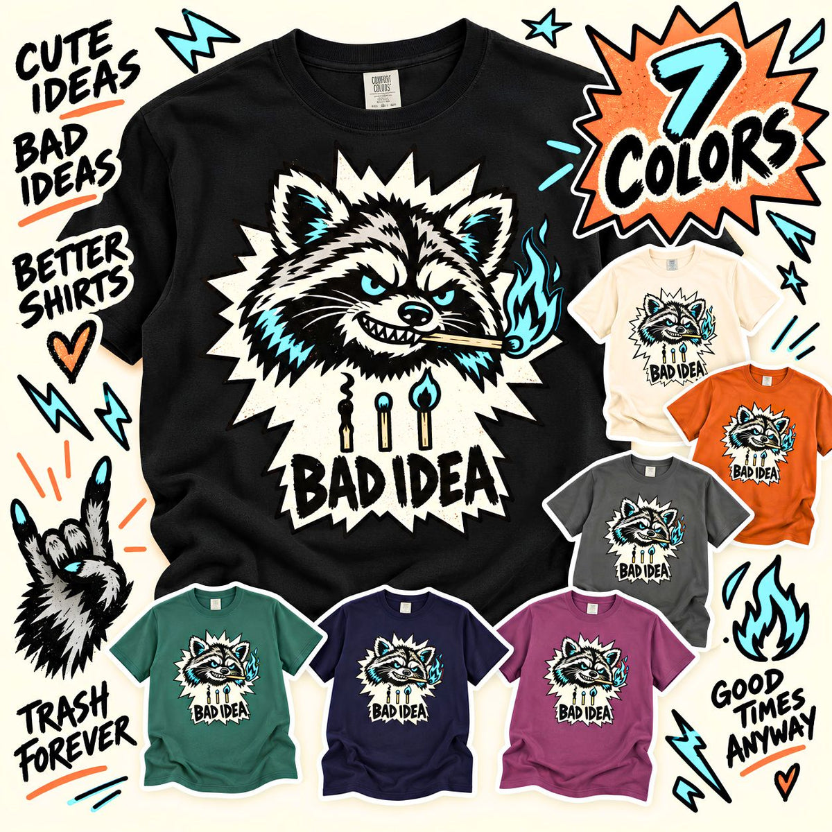 Bad Idea Raccoon Tee Graphic T-Shirt, Retro Punk Illustration