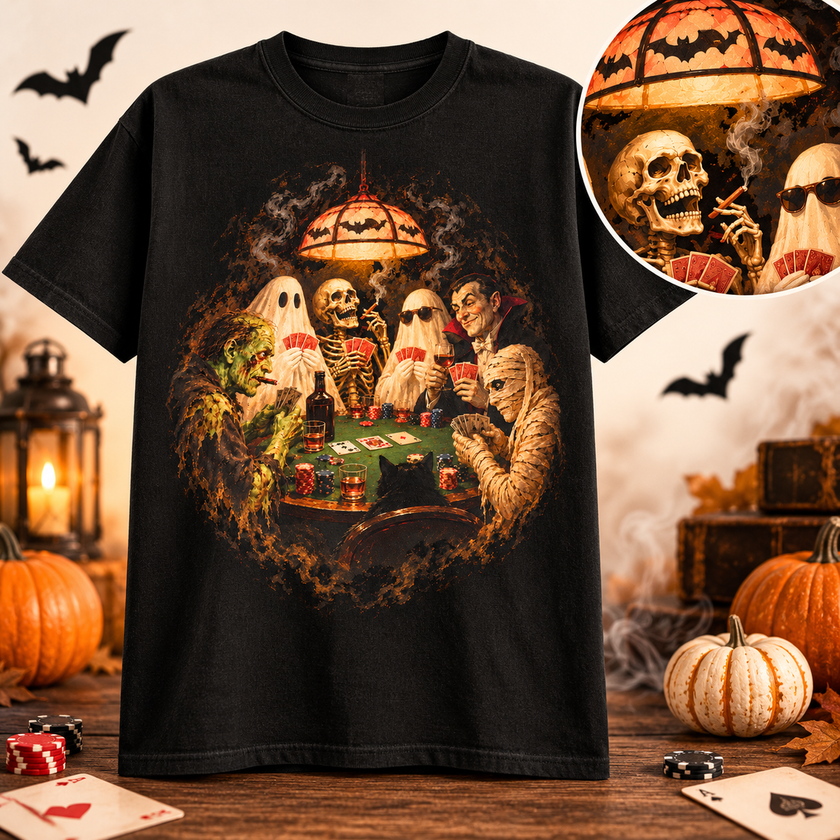Halloween Monsters Playing Poker Shirt, Vintage Ghoul Ghost Skeleton Tee