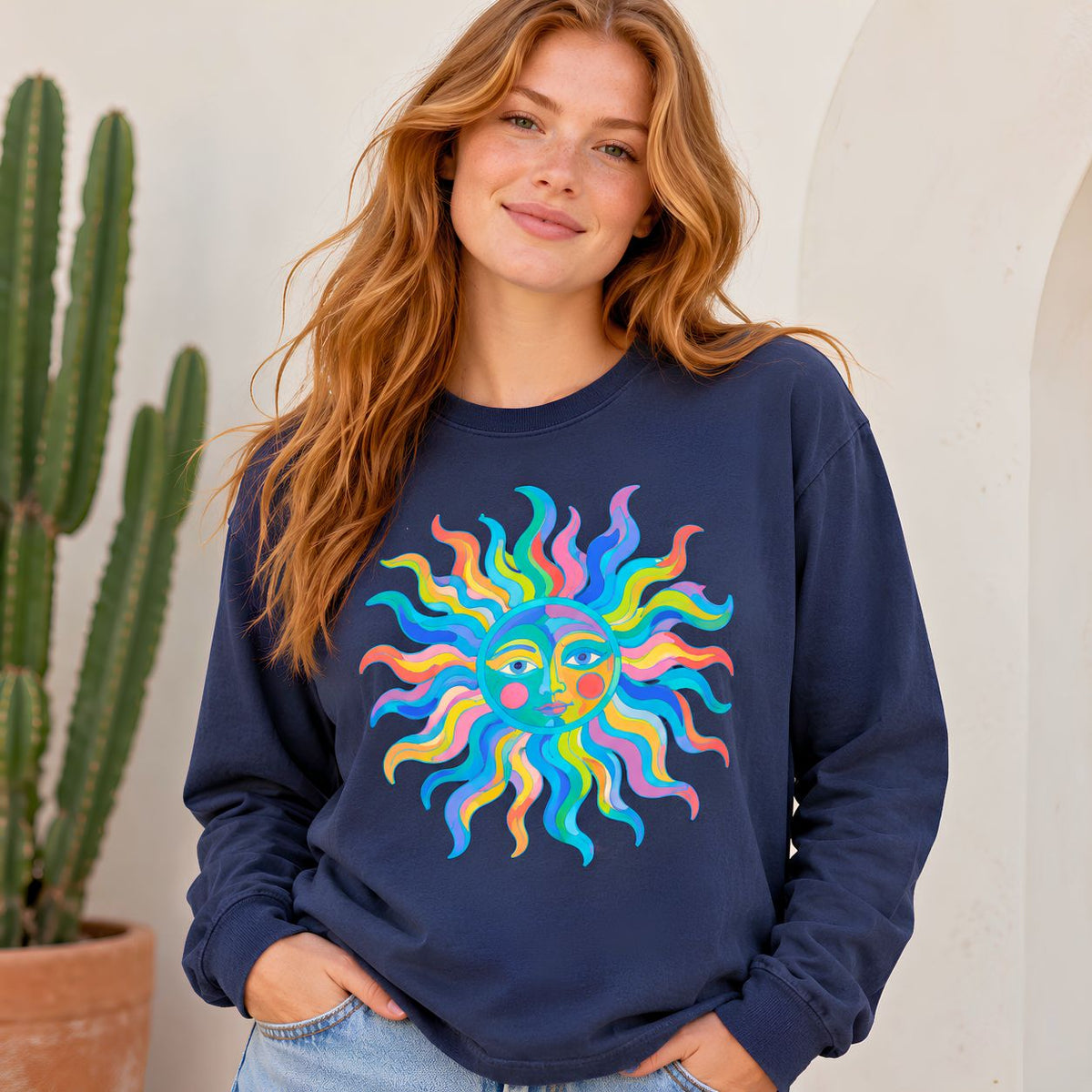 Colorful Sun Long Sleeve Shirt, Celestial Sun Face Tee