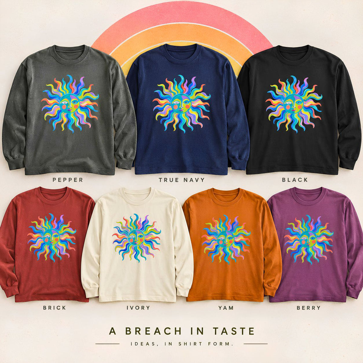 Colorful Sun Long Sleeve Shirt, Celestial Sun Face Tee, Retro Folk Art Shirt, Whimsical Boho Graphic Top