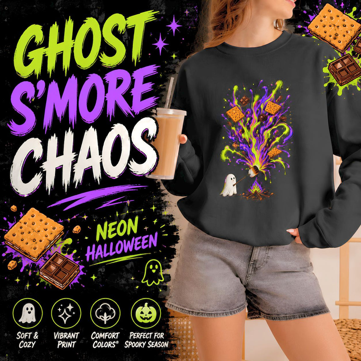 Halloween Ghost Smores Sweatshirt, Neon Spooky Campfire Crewneck