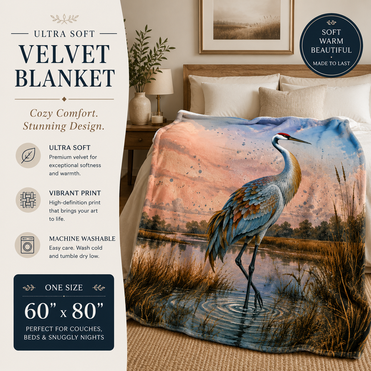 Sandhill Crane Art Velveteen Plush Blanket Watercolor Marsh Bird Illustration