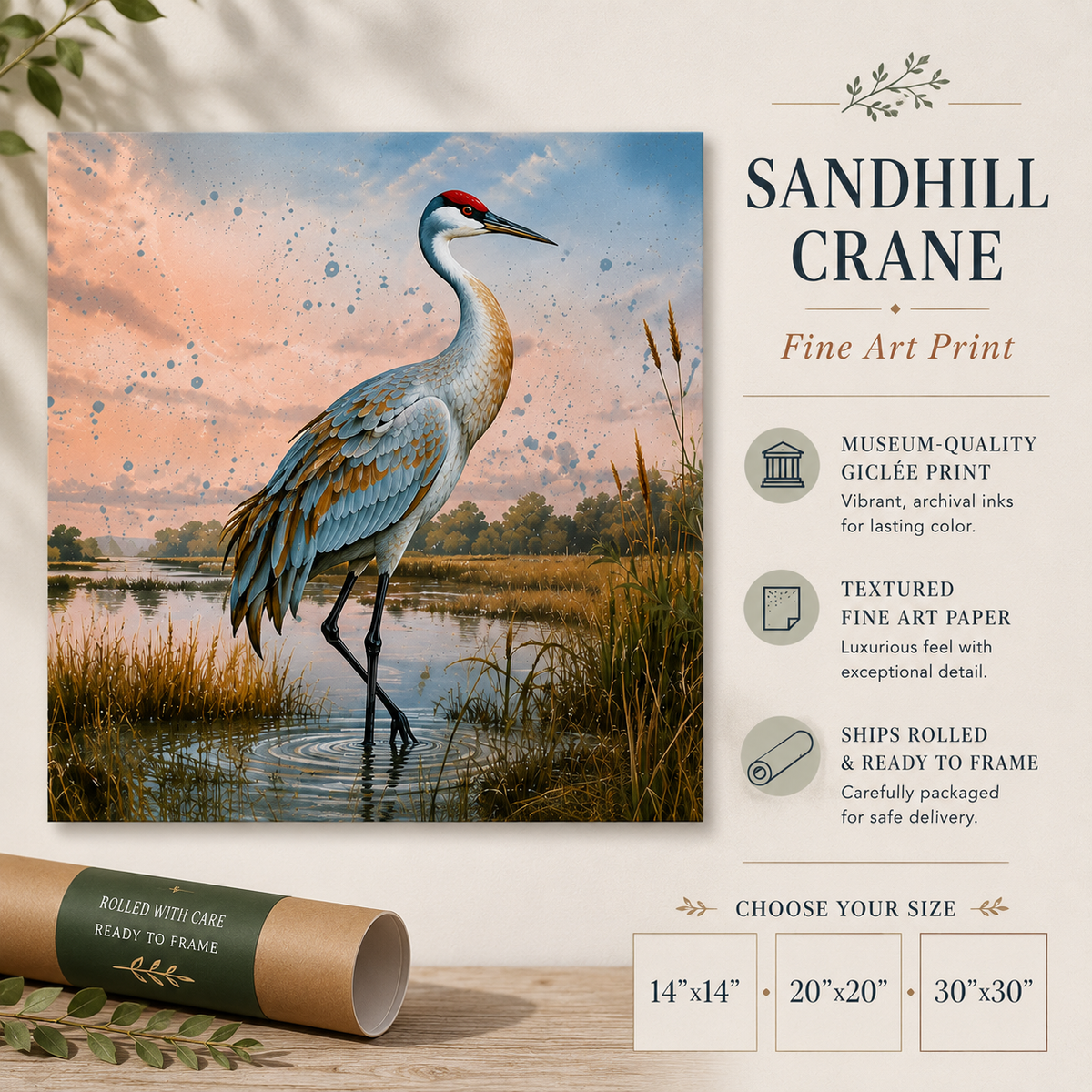 Sandhill Crane Rolled Poster Wetland Bird Art, Marsh Landscape