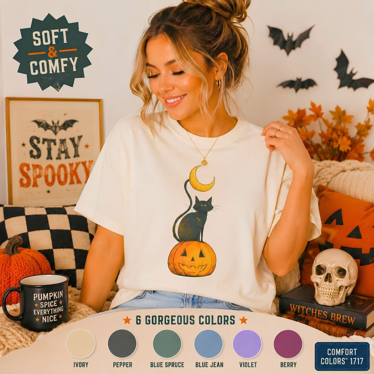 Black Cat on Jack-o'-Lantern T-Shirt Crescent Moon Halloween Tee