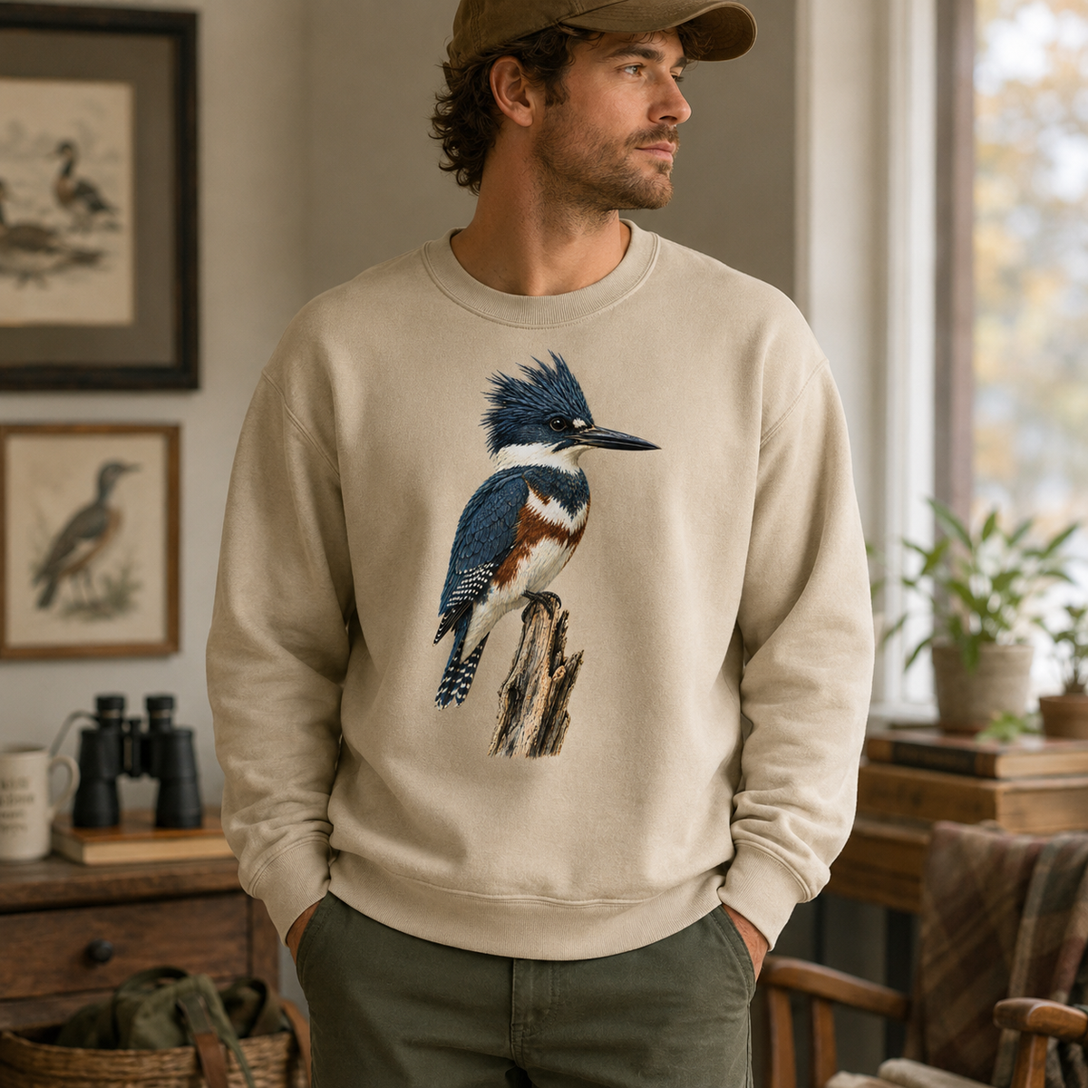 Belted kingfisher bird illustration on vintage style sweatshirt