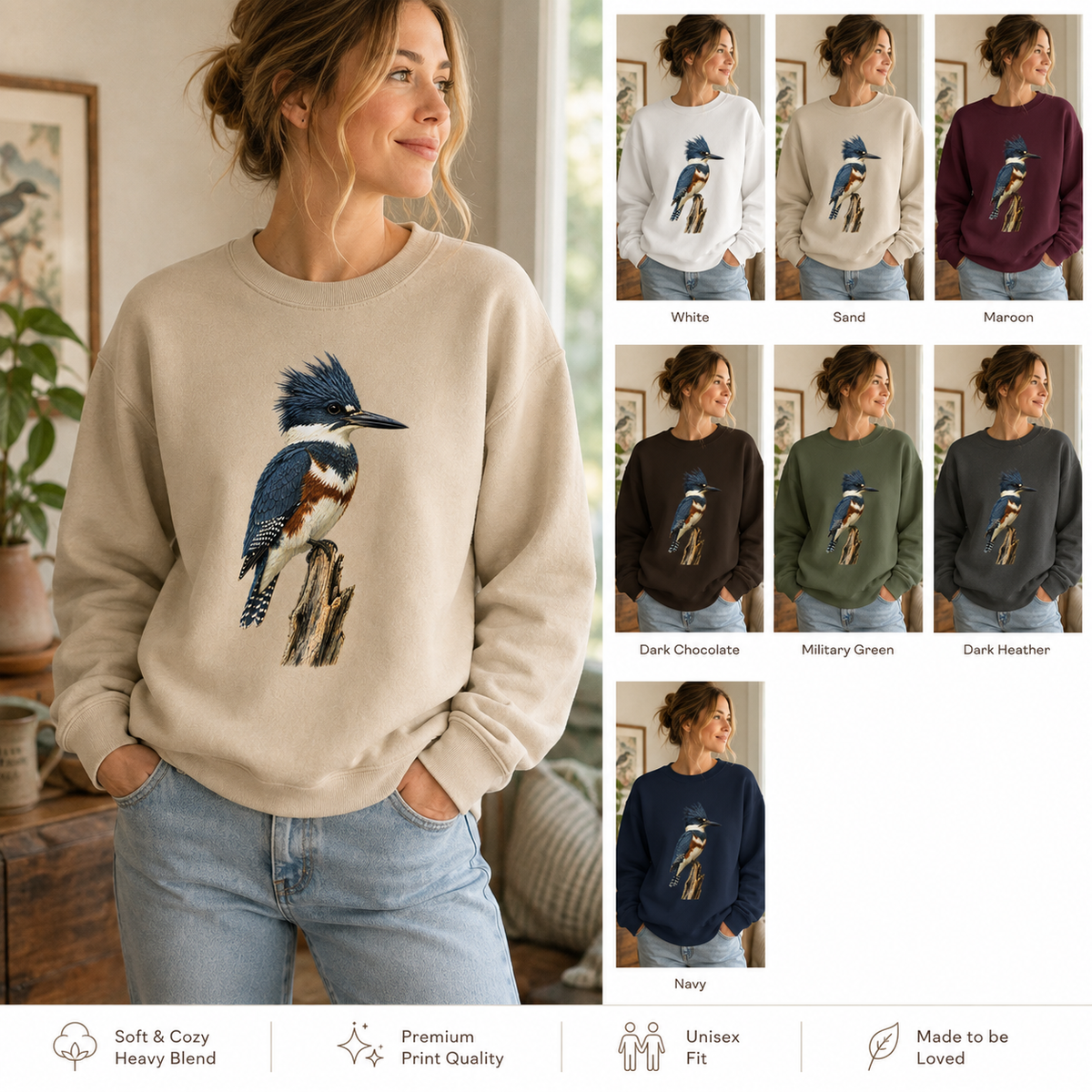 Belted Kingfisher Illustration Sweatshirt | Vintage Bird Art, Nature Lover