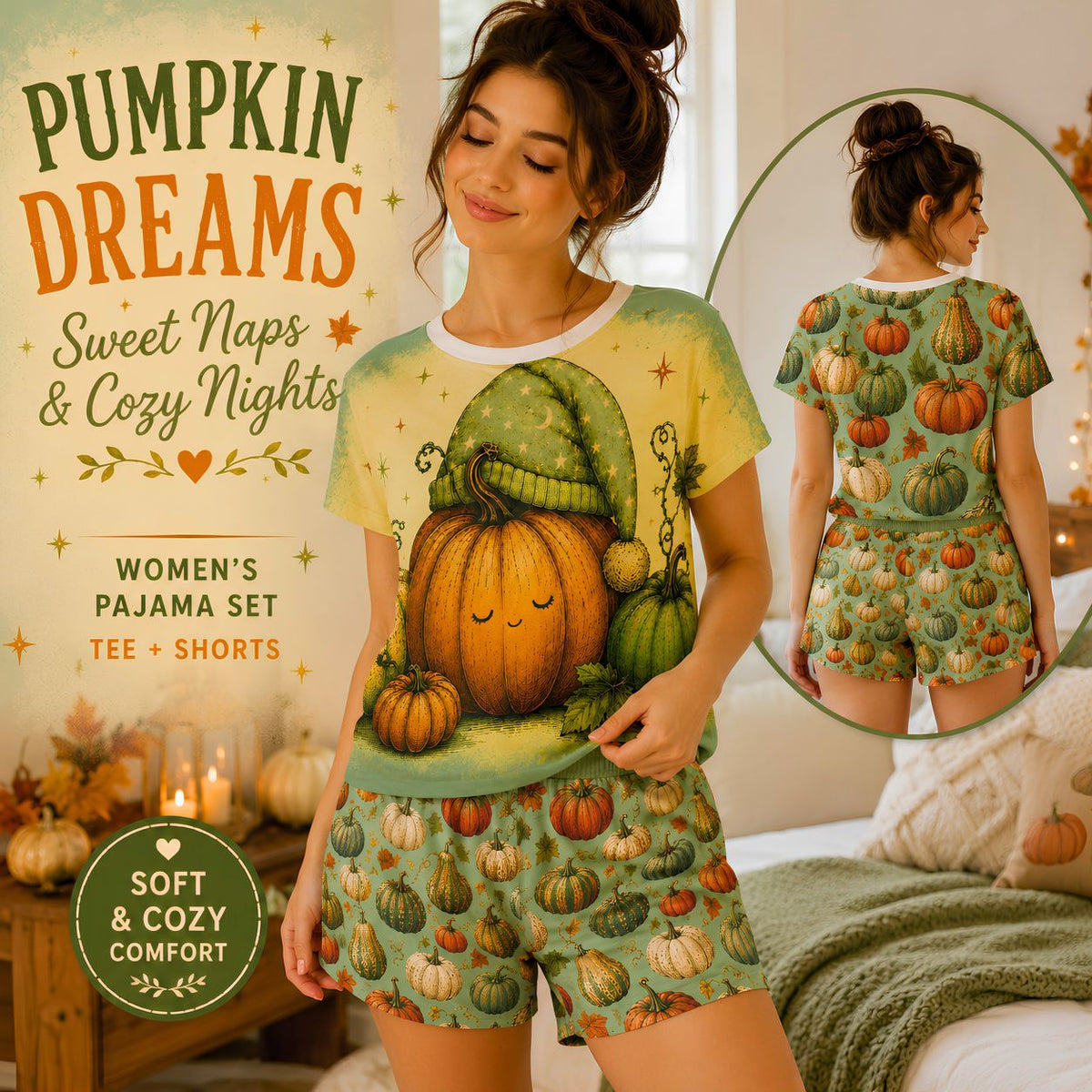 Pumpkin Halloween pajama set with pumpkin print tee and shorts
