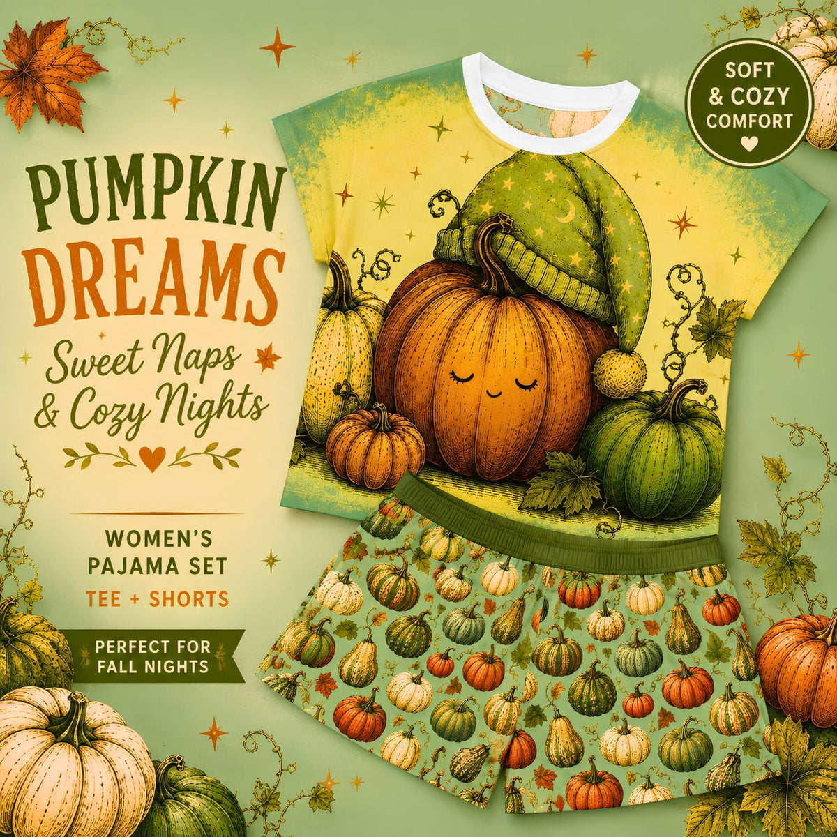 Pumpkin Pajama Set, Women's Fall Pajamas, Cute Autumn Sleepwear, Pumpkin Tee and Shorts, Cozy Halloween PJs