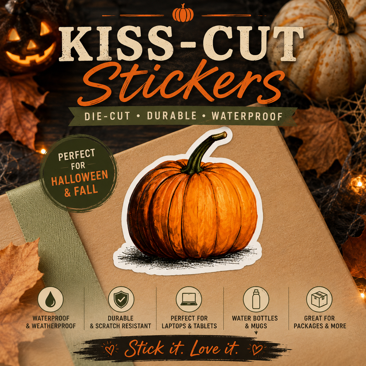 Hand-Painted Pumpkin sticker Kiss-Cut Stickers