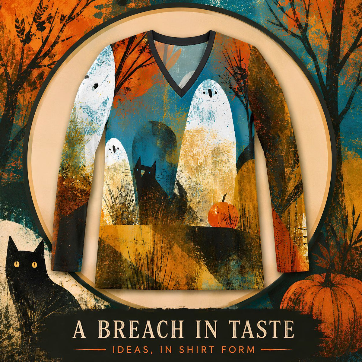Ghost Cat Harvest Long Sleeve Shirt, Halloween Ghost & Black Cat V Neck Top
