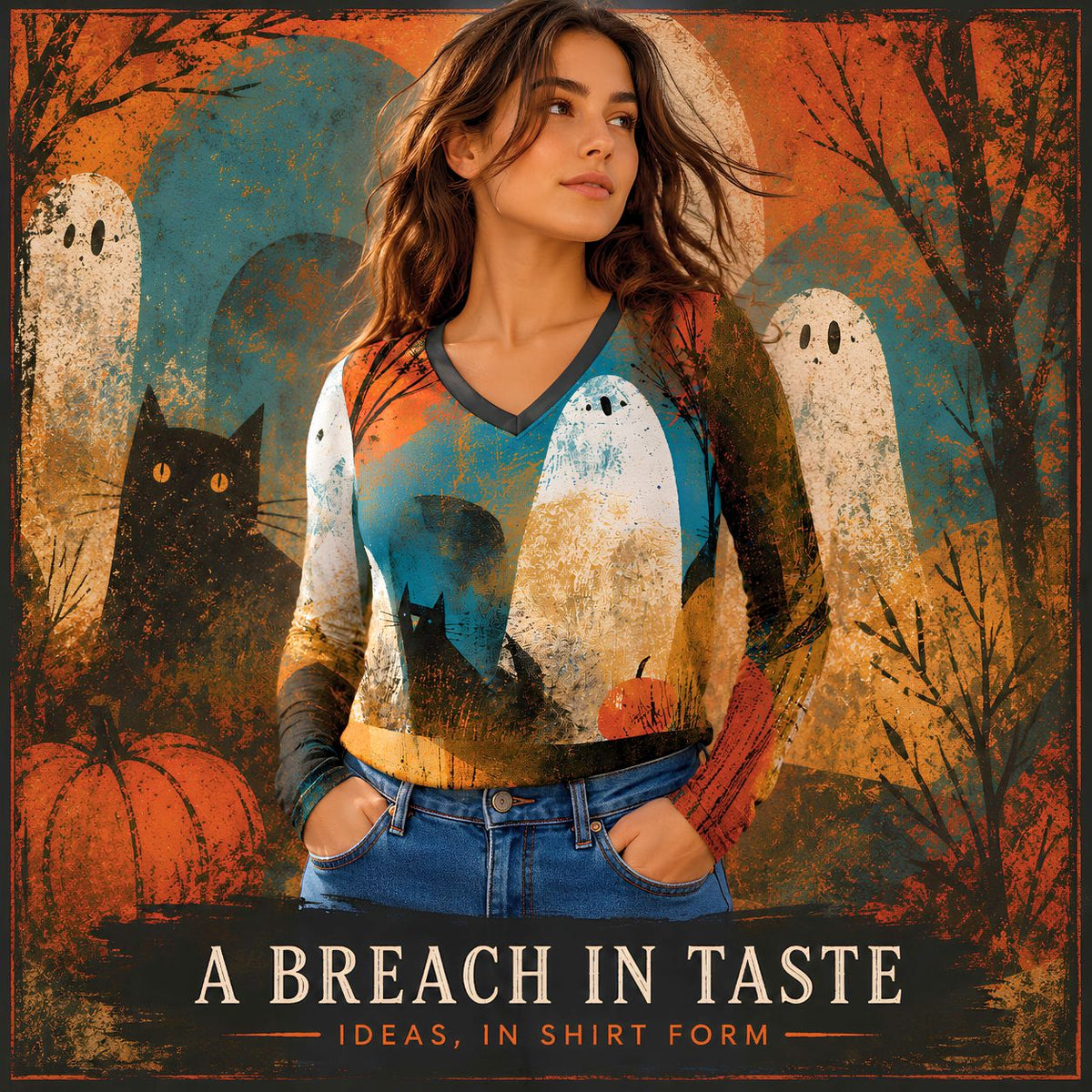 Ghost Cat Harvest Long Sleeve Shirt, Halloween Ghost & Black Cat V Neck Top, Retro Fall Art Shirt, Spooky Autumn AOP Tee