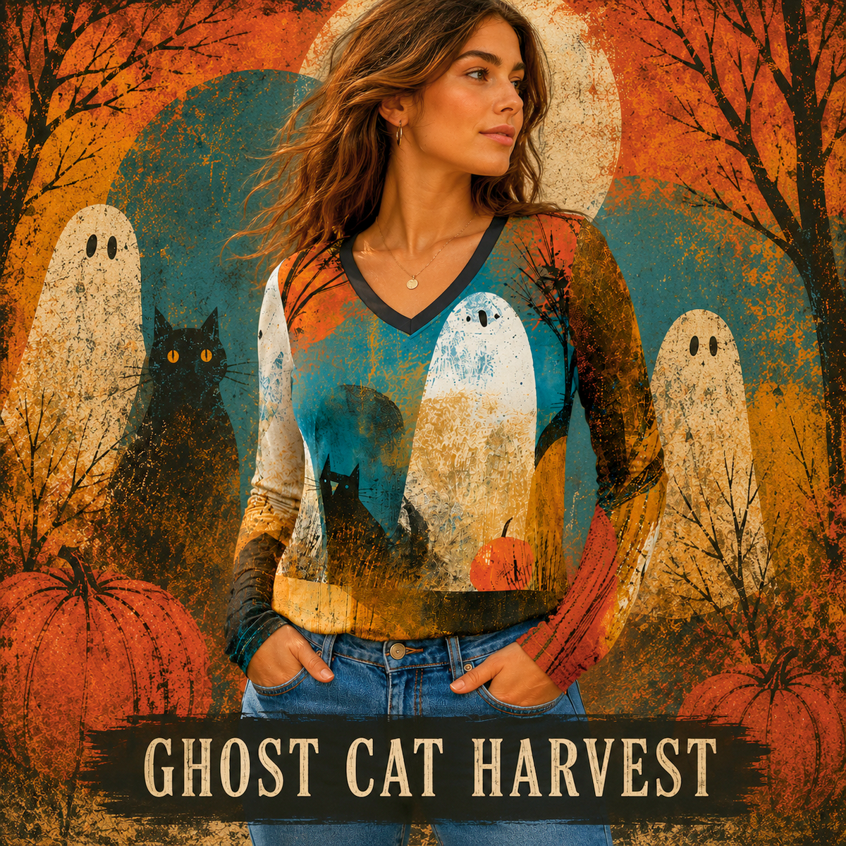 Ghost Cat Harvest Long Sleeve Shirt, Halloween Ghost & Black Cat V Neck Top, Retro Fall Art Shirt, Spooky Autumn AOP Tee