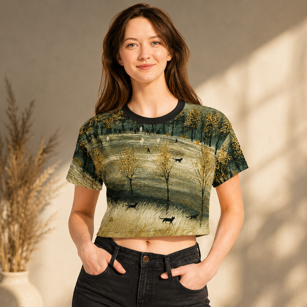 Autumn Fox Meadow Crop Tee | All-Over Print Fall Landscape
