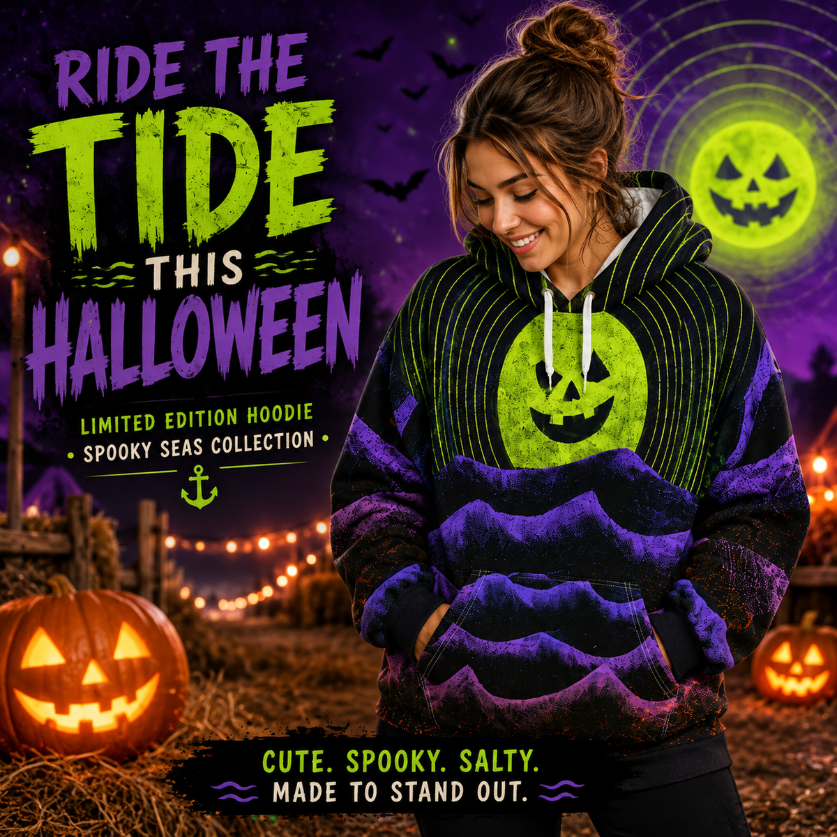 Halloween AOP Hoodie, Jack O Lantern Moon Hoodie, Purple Ocean Wave Sweatshirt, Spooky All Over Print Hoodie, Unisex Halloween Pullover