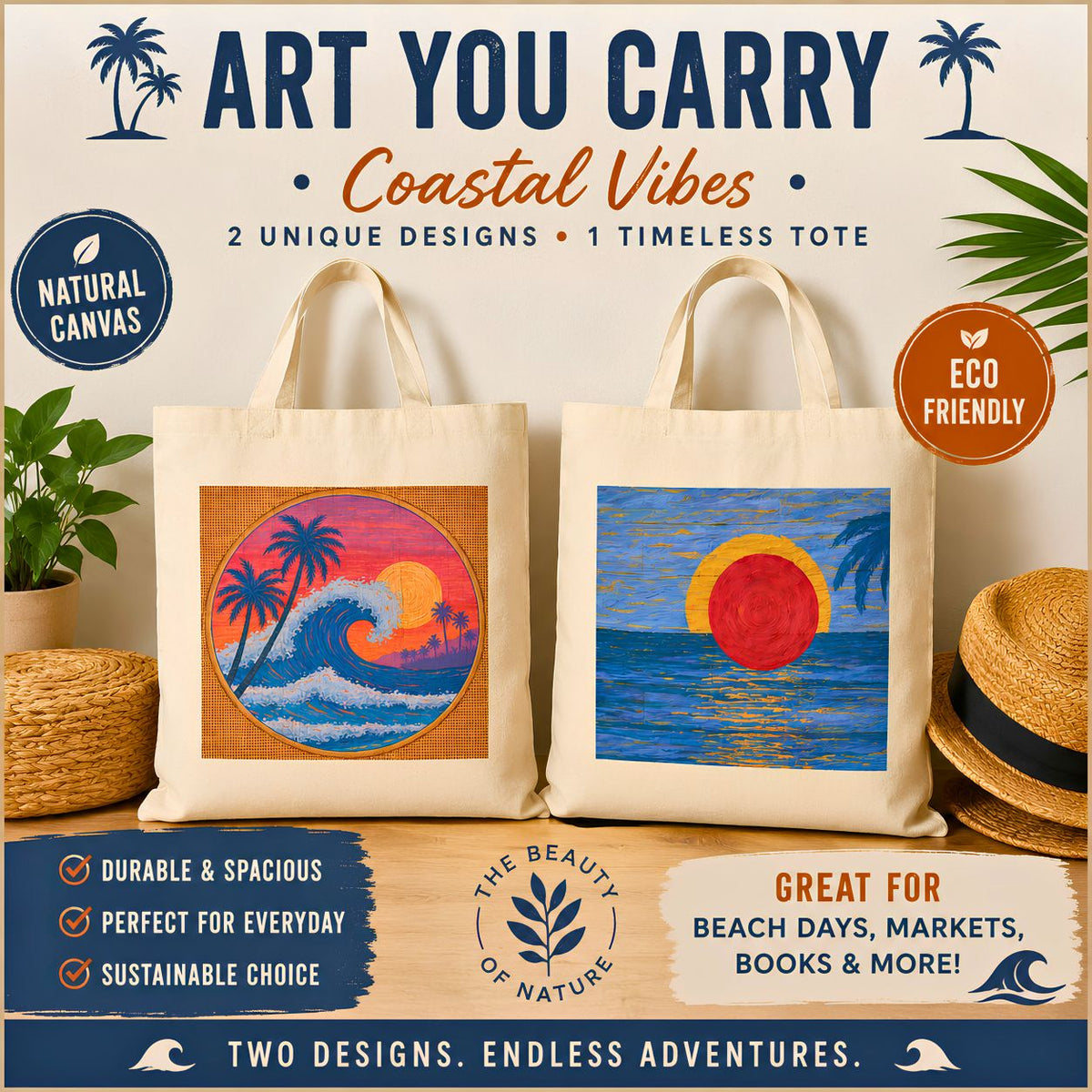 Coastal Sunset Wave Canvas Tote Bag, Tropical Beach Art Market Bag
