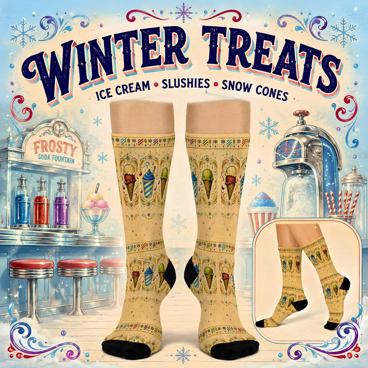 Winter Treat Socks, Ice Cream Snow Cone and Slushie Crew Socks