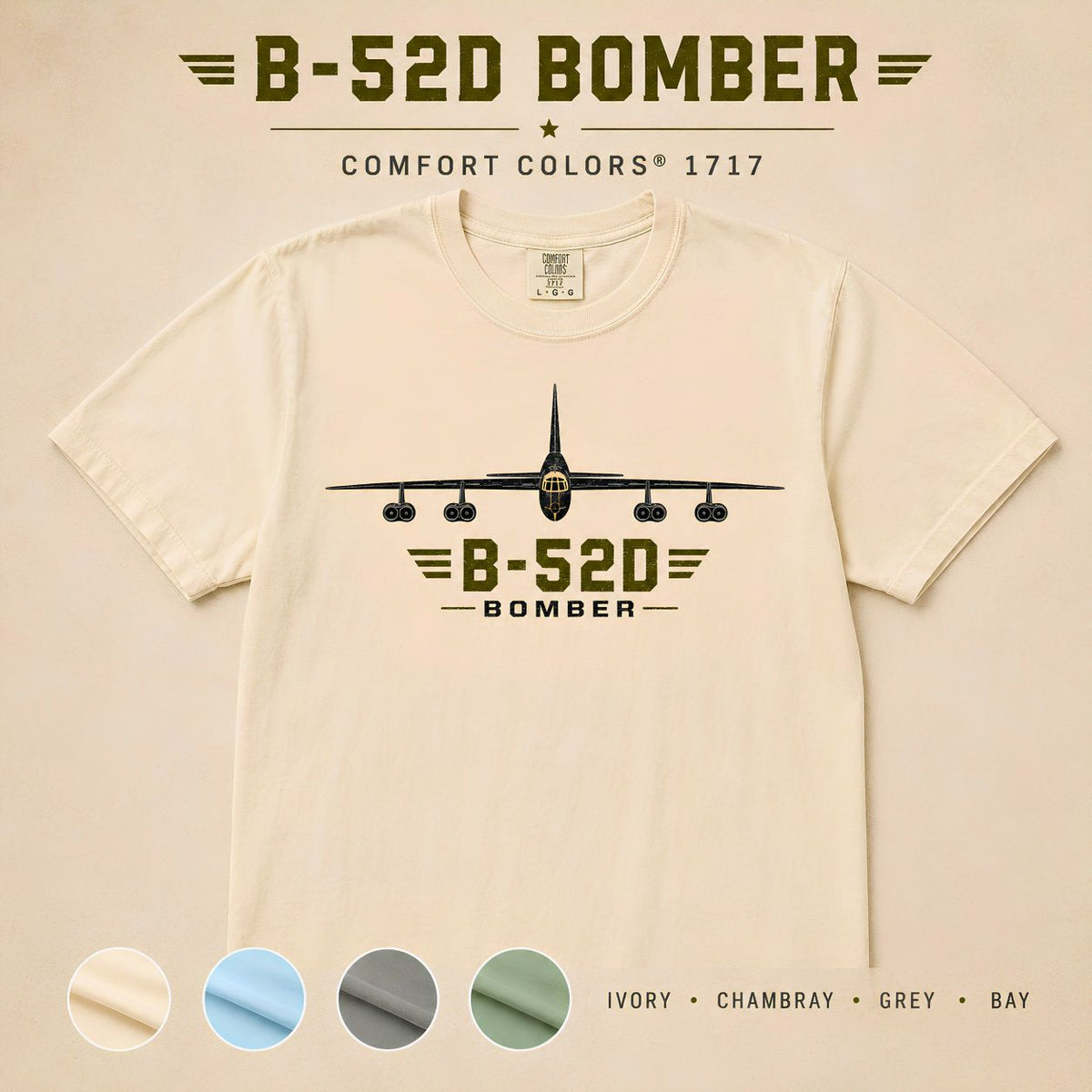 B-52D Bomber Shirt, Front View Aircraft Tee, Vintage Military Aviation T-Shirt, Air Force Veteran Gift, Comfort Colors 1717