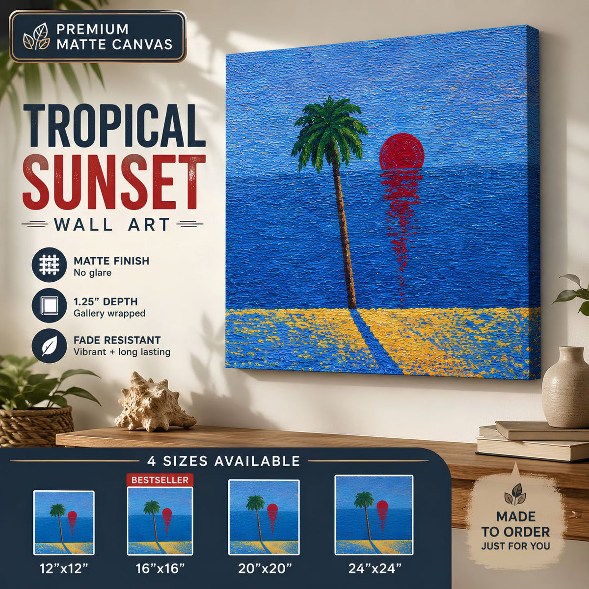 Tropical Sunset Canvas Wall Art, Palm Tree Painting