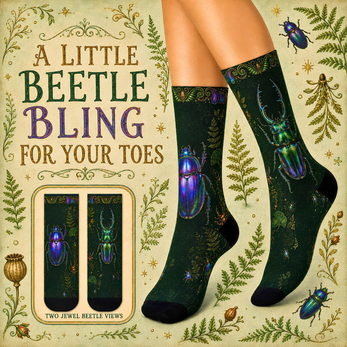 Iridescent Beetles Cushioned Crew Socks Bug Pattern, Dark Green