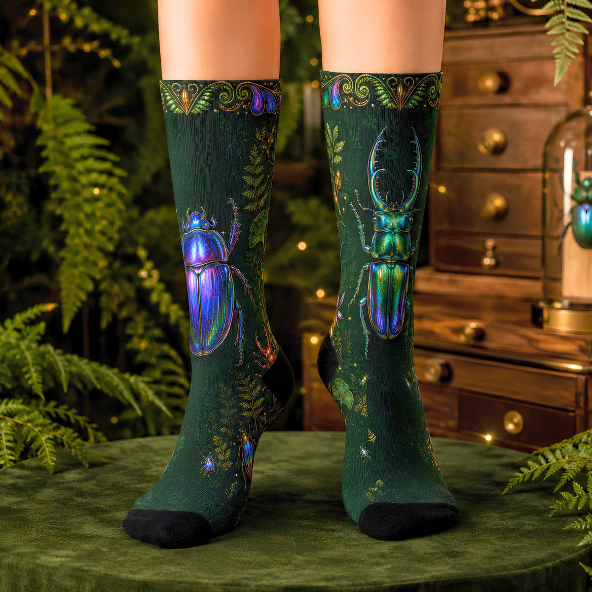 Iridescent Beetles Cushioned Crew Socks | Bug Pattern, Dark Green