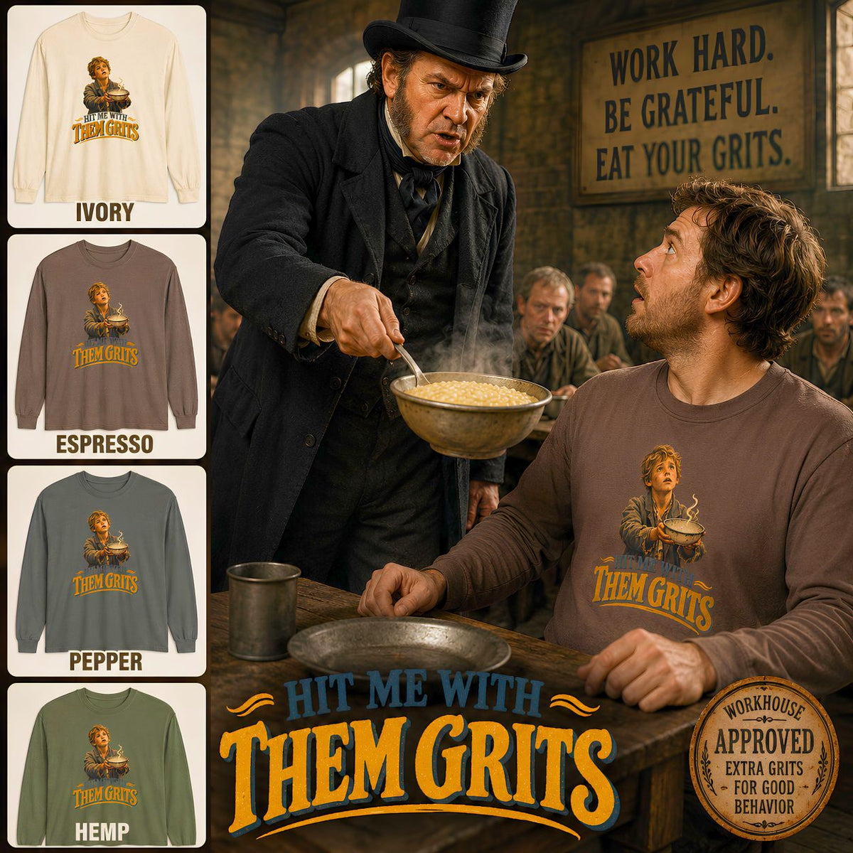 Hit Me With Them Grits Long Sleeve Shirt | Funny Southern Food Tee | Vintage Grits Graphic