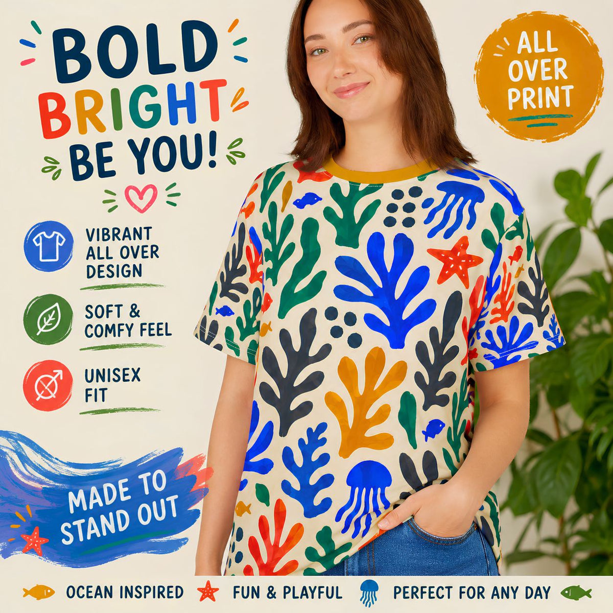 Colorful Seaweed & Jellyfish Pattern Tee All-Over Print Shirt