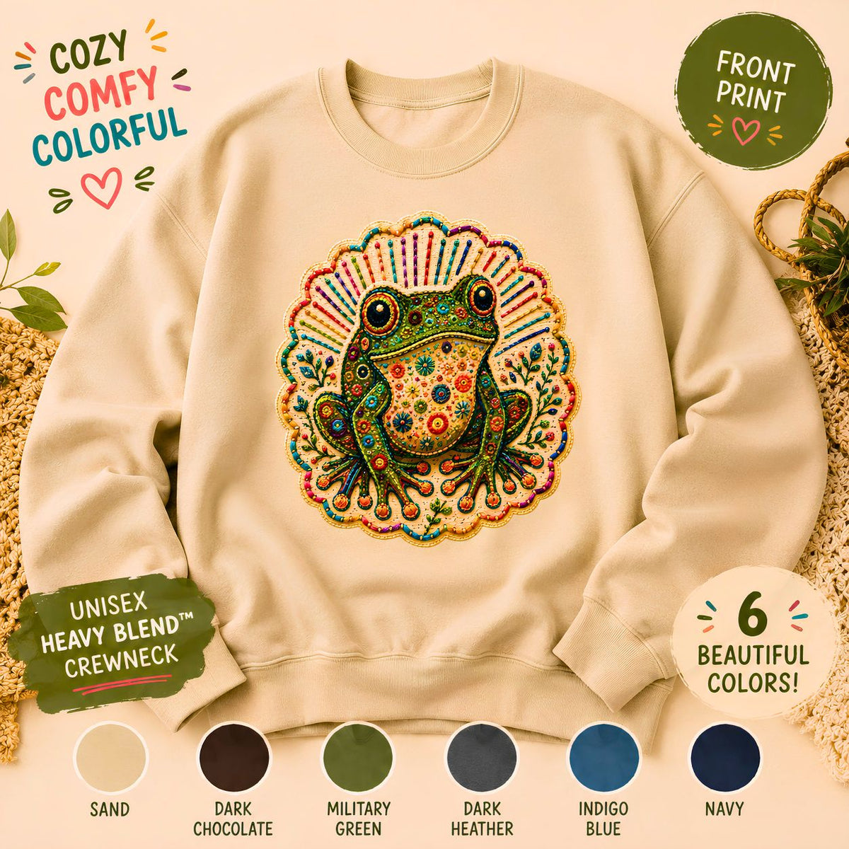 Colorful Folk Art Frog sweatshirt Retro Floral Amphibian