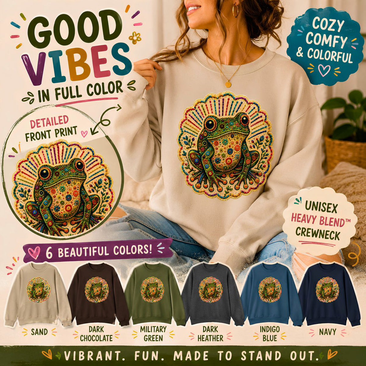 Colorful Folk Art Frog sweatshirt | Retro Floral Amphibian