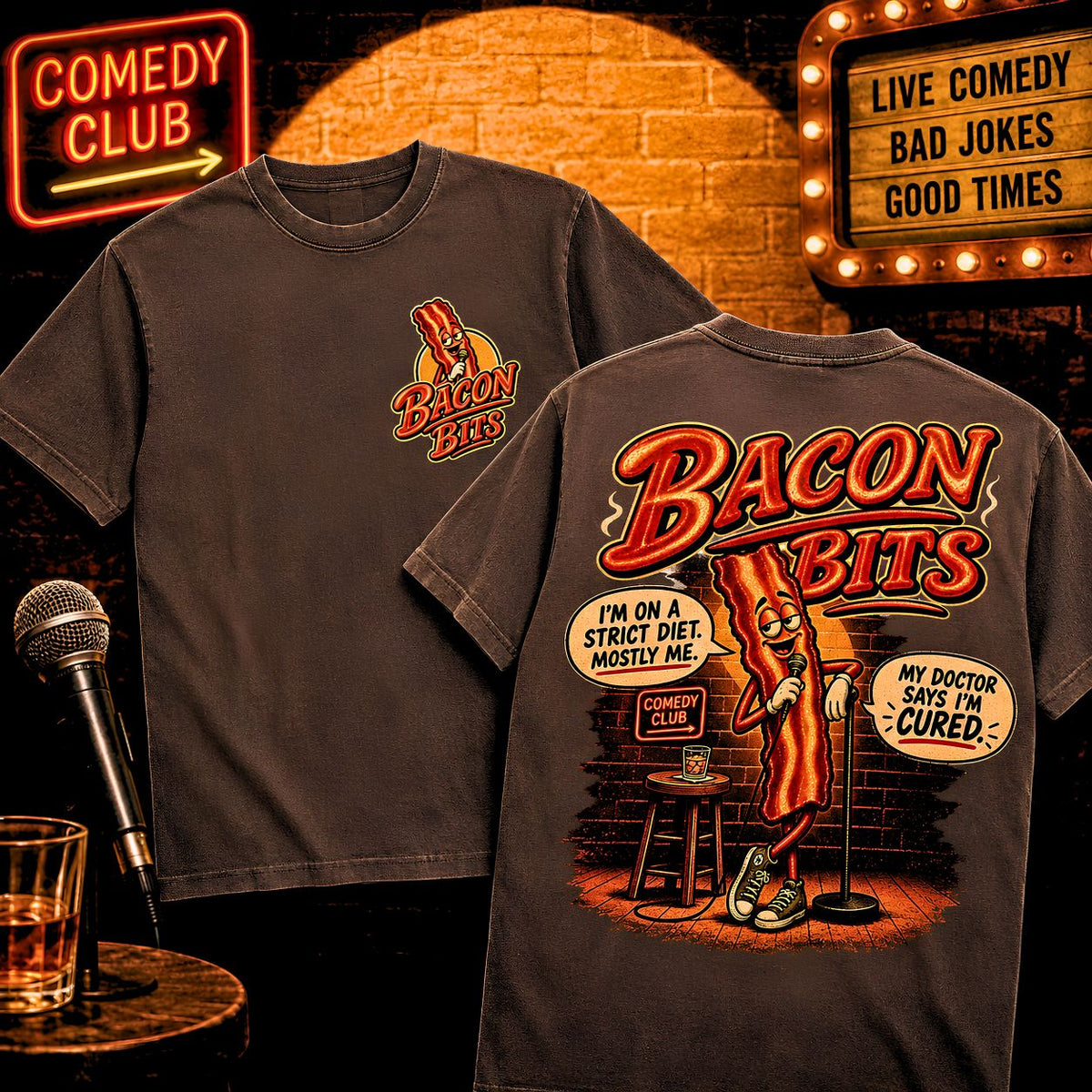 Bacon Bits Funny Bacon Shirt, Stand Up Comedy Graphic Tee, Food Pun T-Shirt, Retro Bacon Joke Shirt