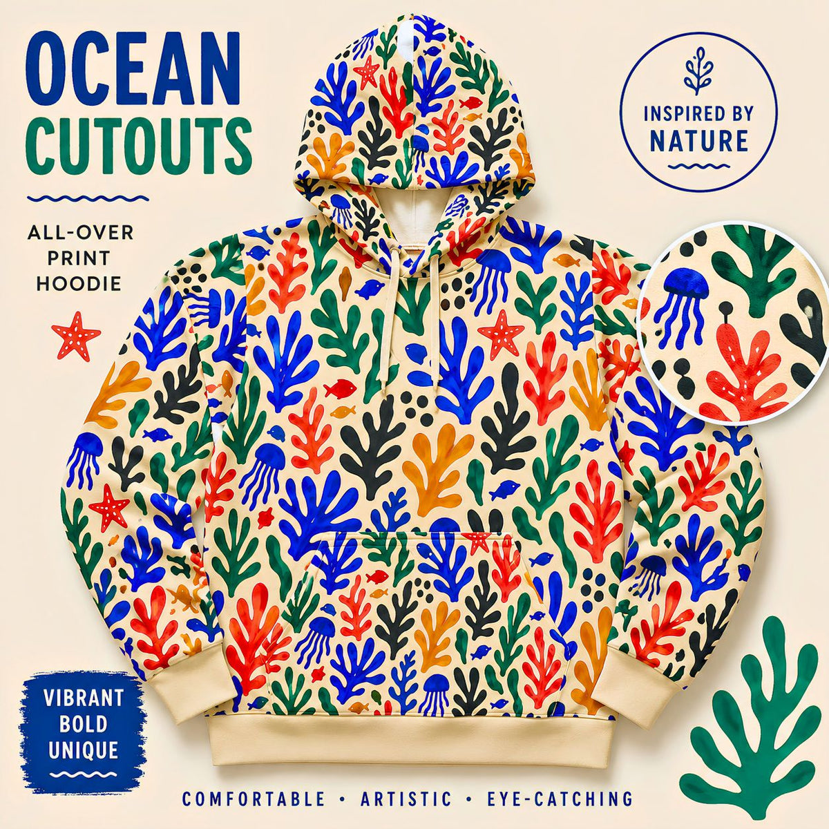 Colorful Seaweed Pattern Hoodie All-Over Print Coral Reef Design
