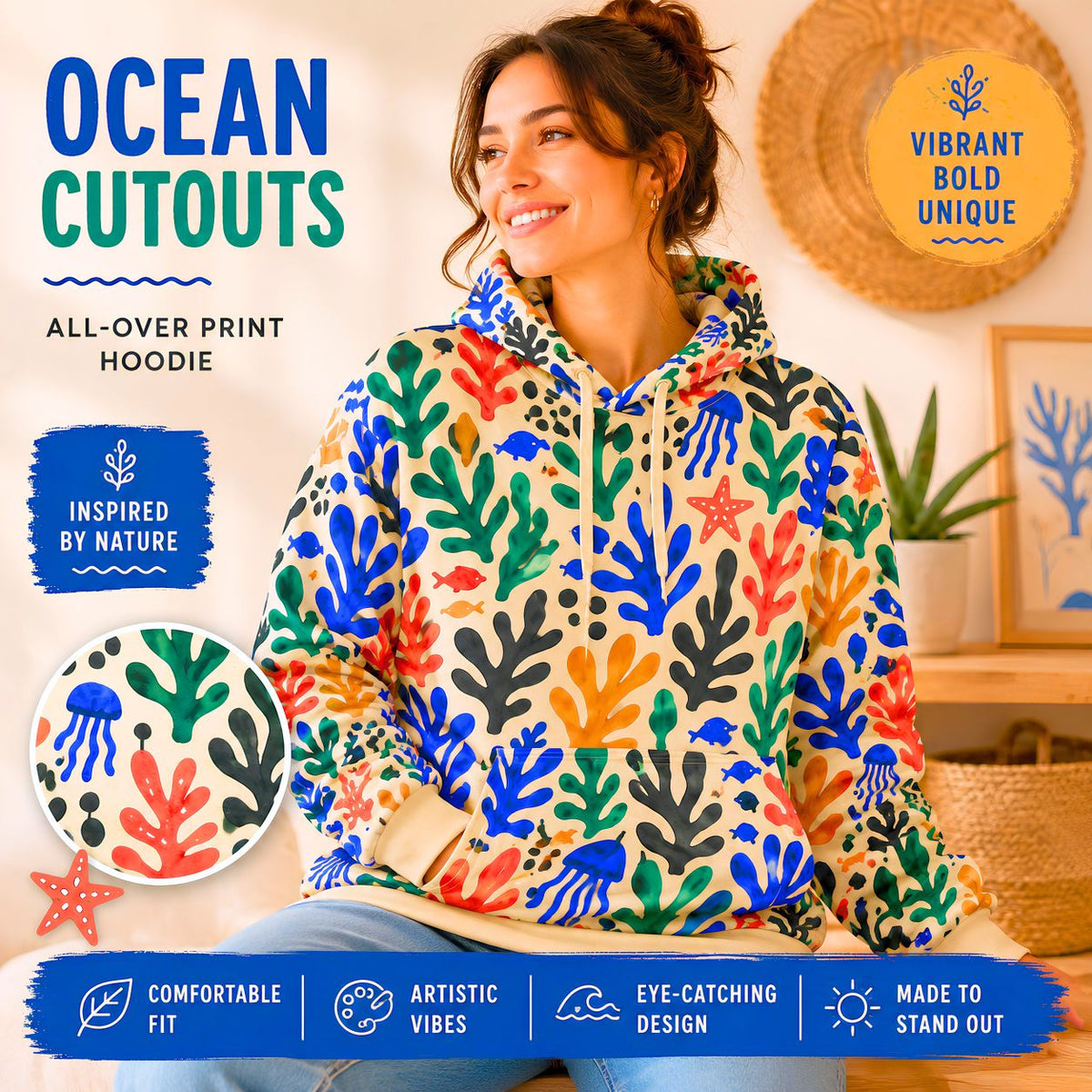 Colorful Seaweed Pattern Hoodie | All-Over Print Coral Reef Design
