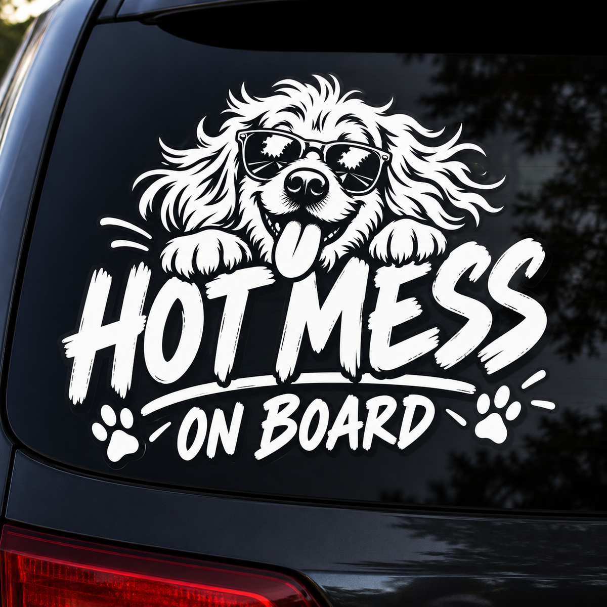 Hotmess on Board Sticker | Kiss-Cut Vinyl Decal, Dog with Sunglasses