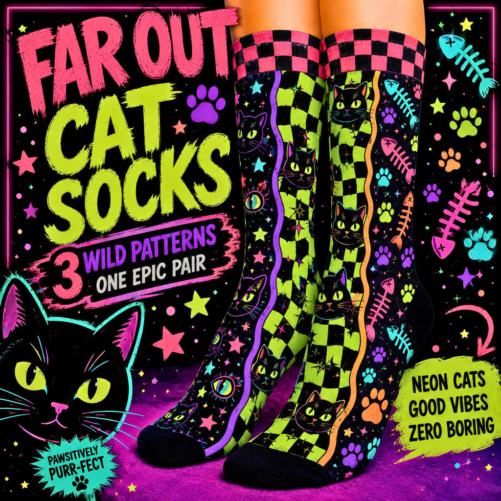 Neon Checkerboard Black Cat Crew Socks Colorful Cat Pattern