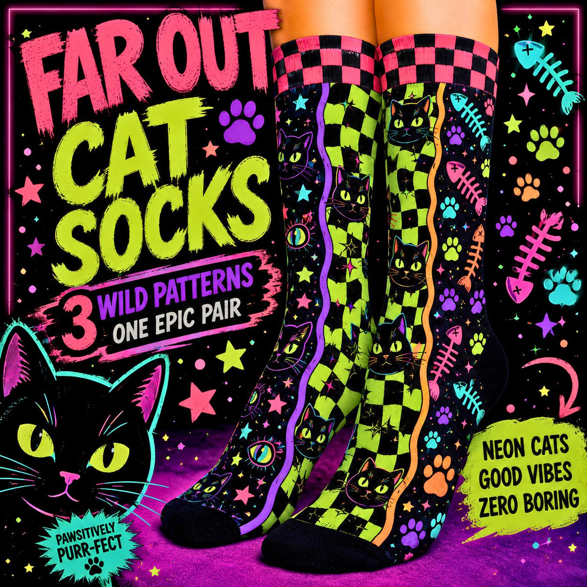 Neon Checkerboard Black Cat Crew Socks Colorful Cat Pattern