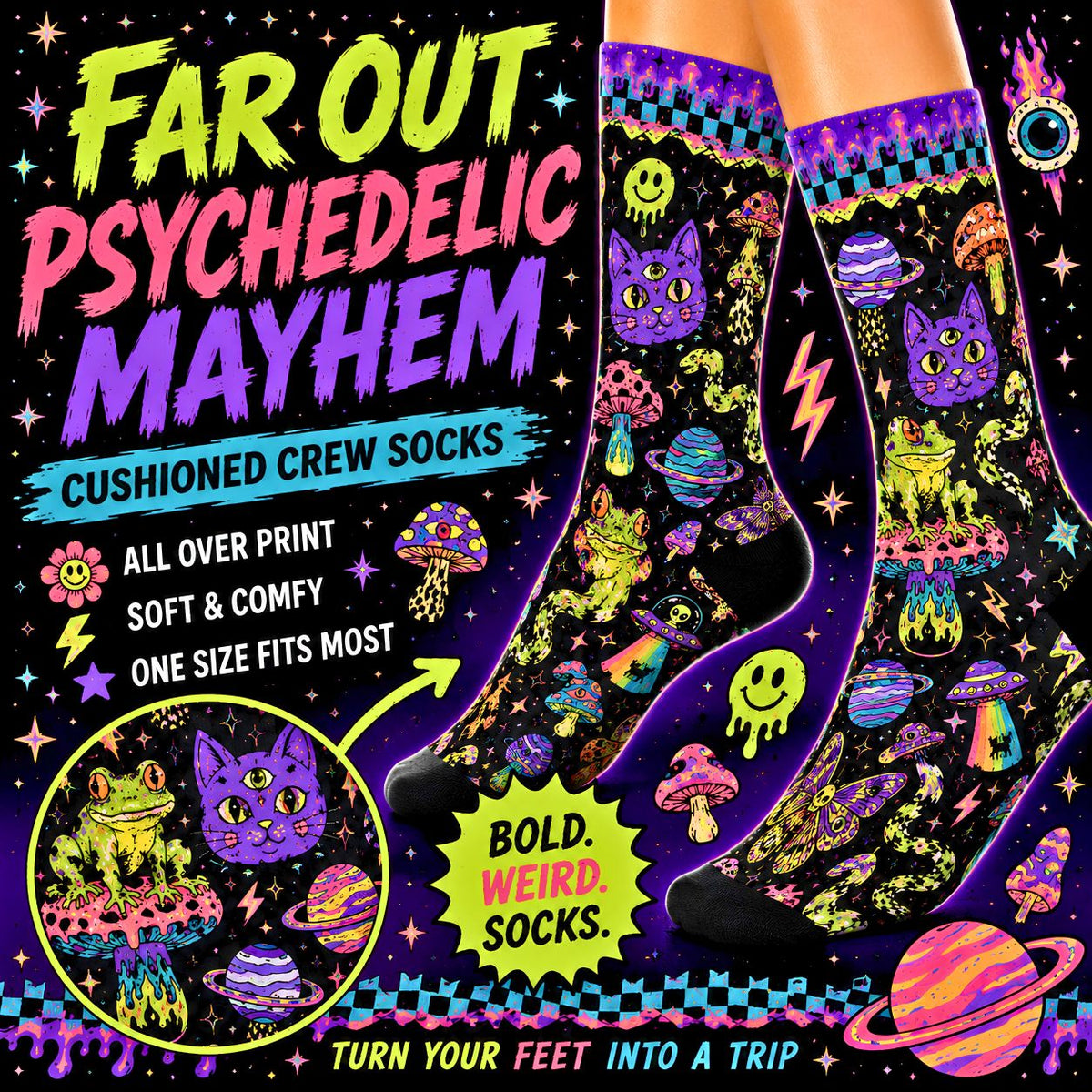 Neon Cosmic Cats Cushioned Crew Socks Psychedelic Space Pattern