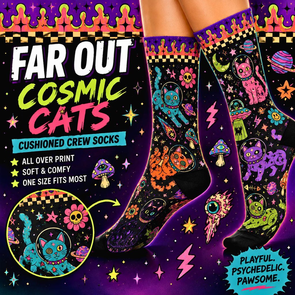 Neon Space Cats Crew Socks Alien Cat Astronauts, Planets & Stars