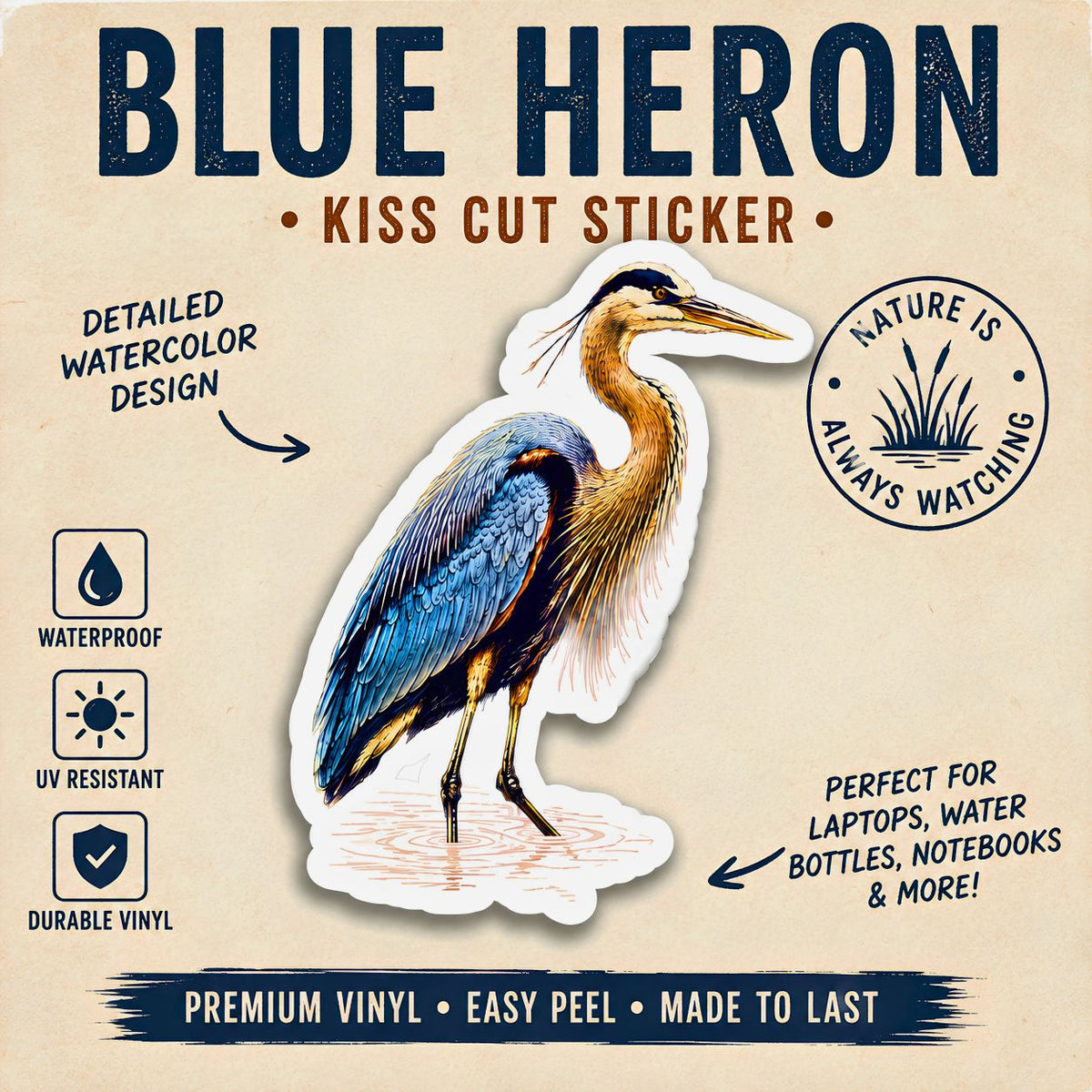 Blue Heron Sticker Kiss-Cut Watercolor Bird Decal