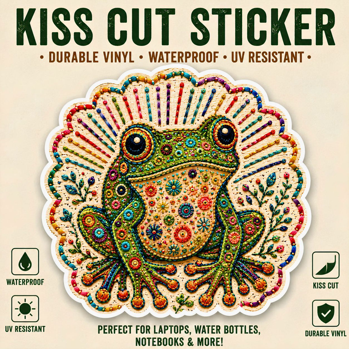 Decorative Patterned Frog Kiss-Cut Sticker Colorful Boho Floral Vinyl