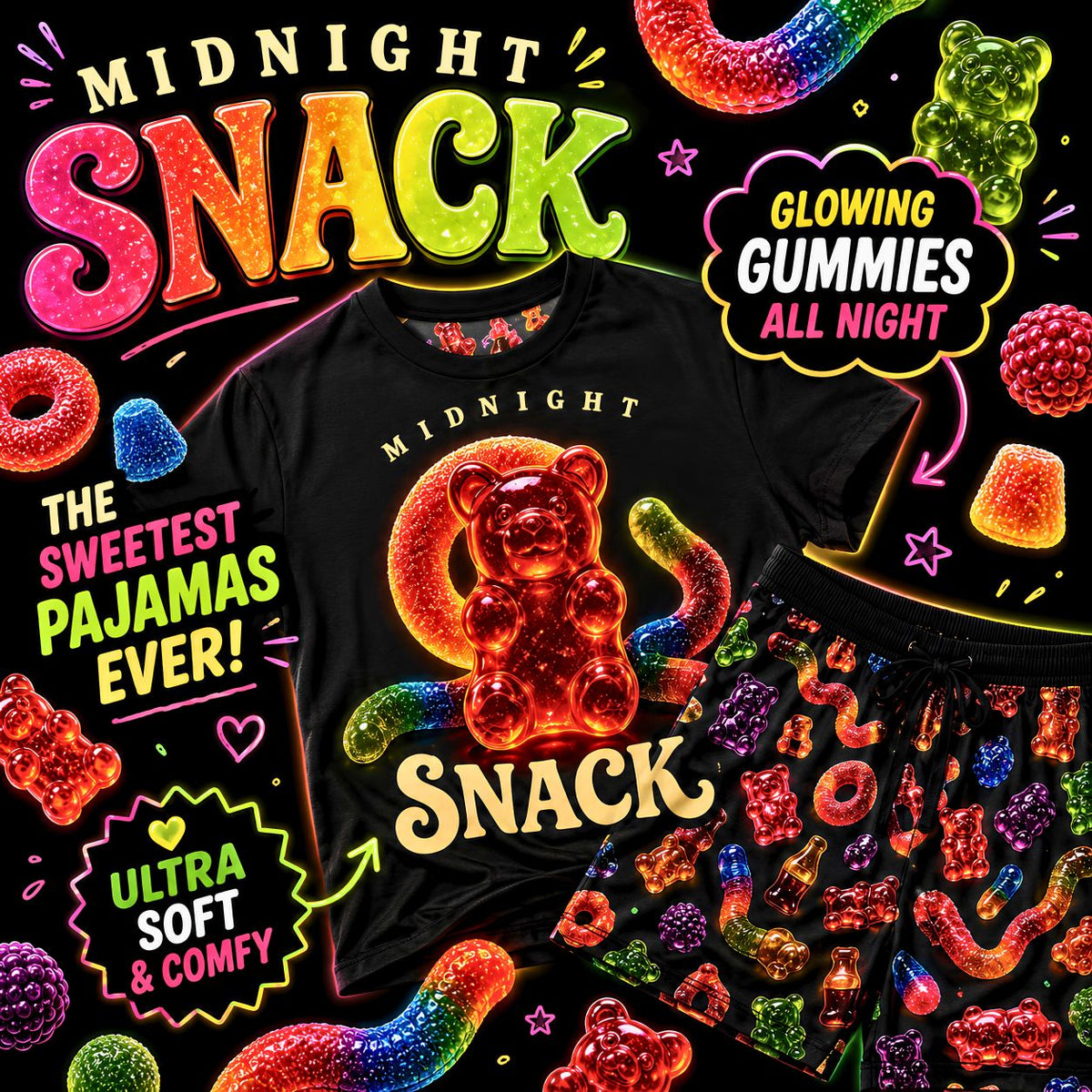 Midnight Snack Gummy Pajama Set, Candy Lover PJs, Gummy Bear Pajamas, Colorful Sleepwear, Fun Women's Pajama Set