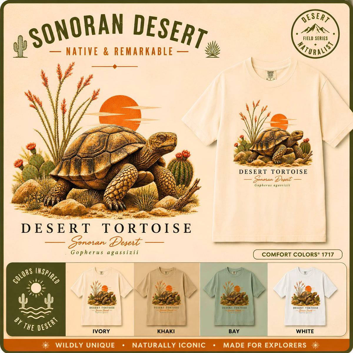 Desert Tortoise Illustration T-Shirt Vintage Sunset Cactus Scene