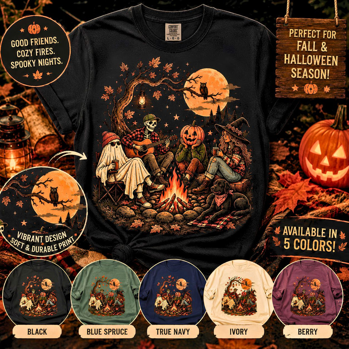 Halloween Campfire Scene T-Shirt | Pumpkin Ghosts Campfire Illustration